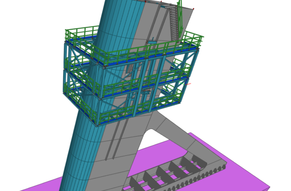 Šplhací víceúrovňová plošina pro výškovou montáž pylonu mostu Komárno